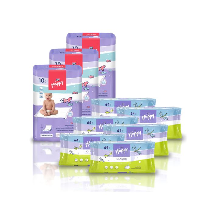 3tk Ühekordsed vedelikukindlad aluslinad Bella + 6tk Niisked salvrätikud  Happy Classic