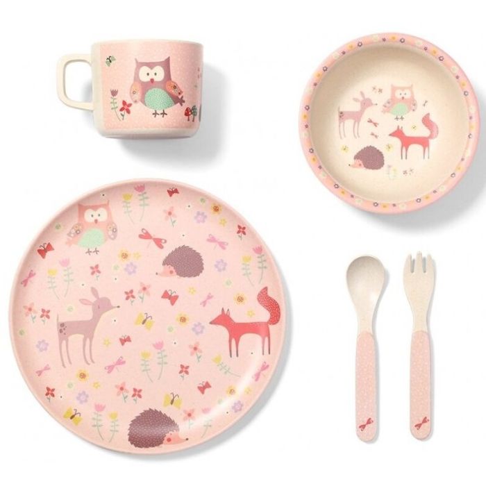 Babyono bambusest nõude ja söögiriistade komplekt, roosa