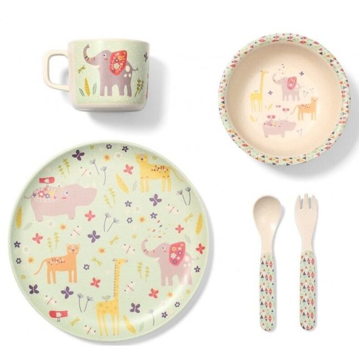 Babyono bambusest nõude ja söögiriistade komplekt, roheline