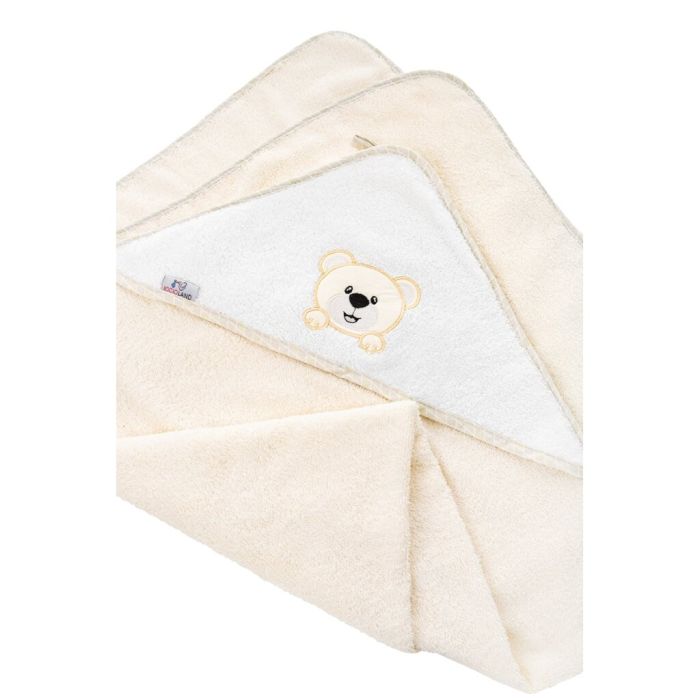 Bocioland rankšluostis su gobtuvu frotinis 100x100, kreminis, meškiukas,  BOC0220