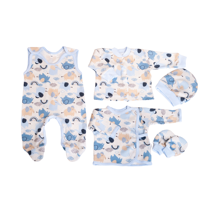 Kūdikio kraitelis - drabužėliai naujagimiui "Jumbo" 5 dalių melsvos spalvos su drambliukais