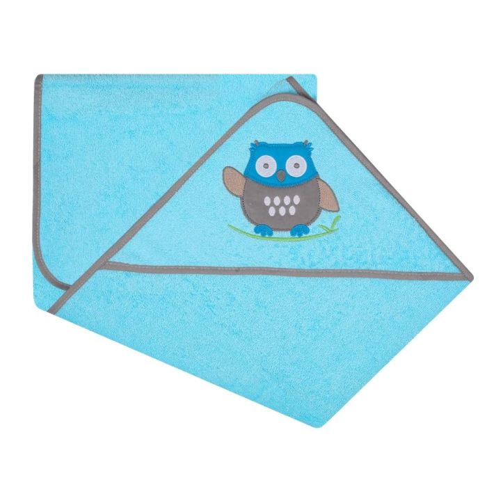 Kapuutsiga vannilina "Happy owl" 100x100cm "frotee" sinine