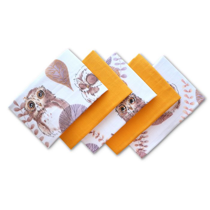 Musliinist lapid "Mini" 5 tk 38x38 cm Owls yellow