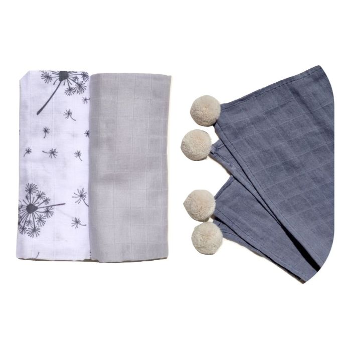 Musliinist lapid "Grey" 3 tk pom-pomidega