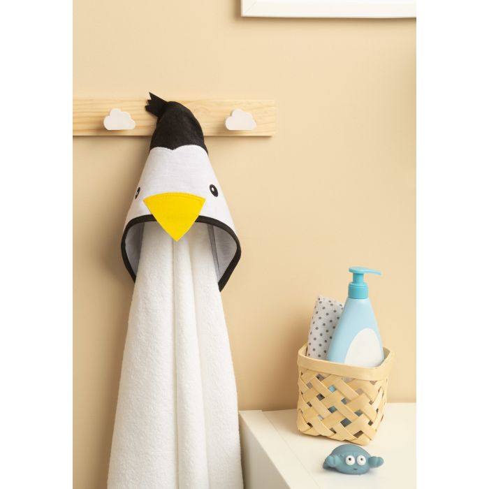 3D kapuutsiga vannilina "Pinguin" 100x100cm frotte valge