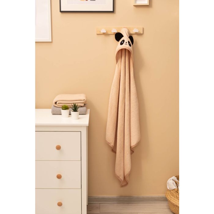 Rätik beebile kapuutsiga "Panda" 90x90 cm beige