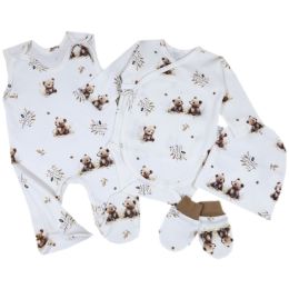 Kraitelis kūdikiui - šliaužtinukai, marškinėliai, kepurytė, pirštinytės su meškiukais