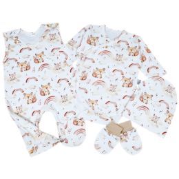 Kraitelis kūdikiui - šliaužtinukai, marškinėliai, kepurytė, pirštinytės su meškiukais